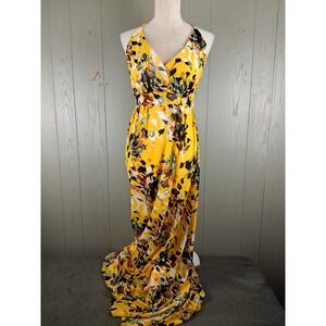 Boutique Yellow Sundress S Maxi Puddles Flowers Empire Waist Wedding Guest Wow